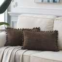 Fancy Homi 2 Pack Dark Brown Lumbar Decorative Throw Pillow Covers 12x20 Inch with Pom-poms for Couch Bedroom, Soft Corduroy Solid Rectangle Cushion Case 30x50 cm, Farmhouse Boho Home Decor