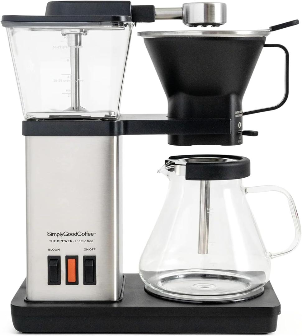 SimplyGoodCoffee THE BREWER - Plastic-Free. Coffee Maker/Coffee Machine. 8 Cup Automatic Drip Pour Over Coffee Brewer. Brewer Free of Plastic, Gold Cup Standard. Black/Stainless Steel