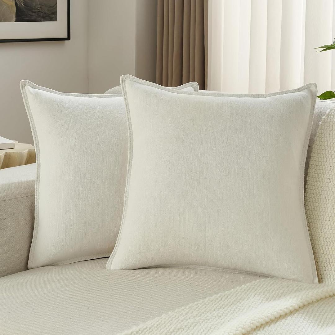 FUTEI Pack of 2 Chenille Throw Pillow Covers 22x22 Inch, Cream | Bound Edge Double-Stitch Design,Same Fabric Both Side,Hidden Zipper,Machine Washable,Pilling-Resistant,Colorfast, No Inserts.