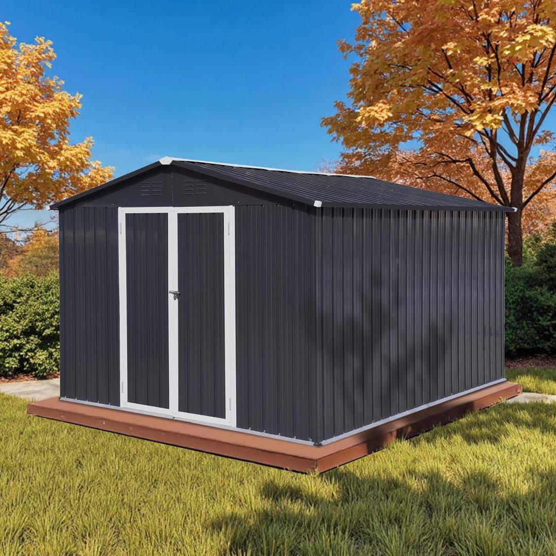 10' x 8' XL Outdoor Storage Shed, Sturdy Metal Building w/Lockable Doors for Garden, Backyard, Poolside and Lawn, Black