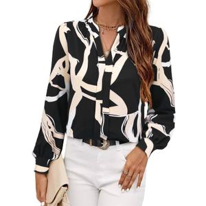 Avanova Women V Neck Long Sleeve Tops Casual Work Blouses Shirts Black Beige Medium (Black, M)