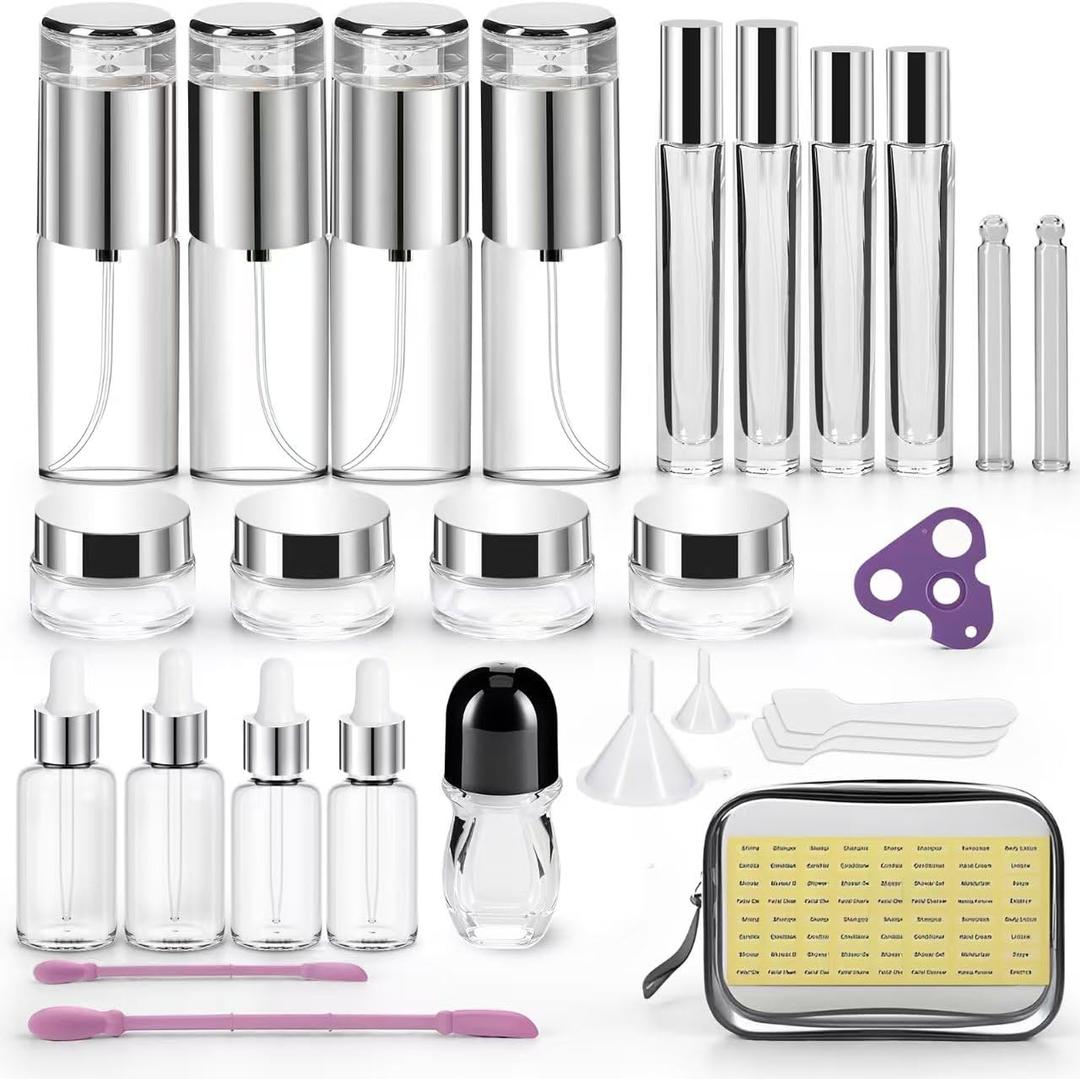 34 Piece Glass Travel Bottles for Toiletries TSA Approved Mini Makeup Containers with Toiletry Bag Refillable BPA Free Skincare Container Leak Proof for Serums, Moisturizers, Toners, Cream