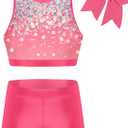 Vogseek Gymnastics Leotards for Girls with Shorts Sparkly Ballet Dance Unitards Biketards Kids Activewear (6-7 Years, Yellow)