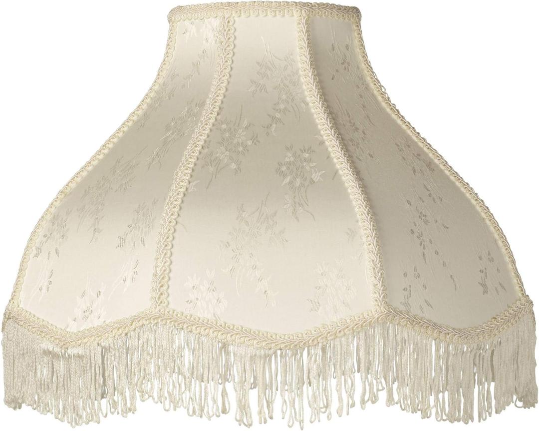 6" Top x 17" Bottom x 11" High x 12" Slant Lamp Shade Replacement Large Cream White Dome Traditional Fabric Fringe Floral Scalloped Spider Harp Finial - Springcrest