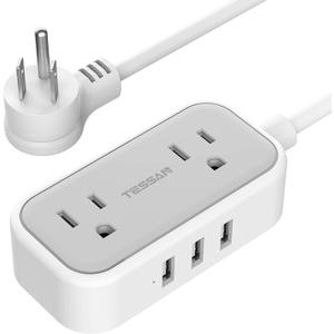 Mini Power Strip with 3 USB Ports, TESSAN 2 Outlet Portable Flat Plug Strip with 5 Ft Small Extension Cord, No Surge Protector for Cruise Ship Essentials Travel (Grey)