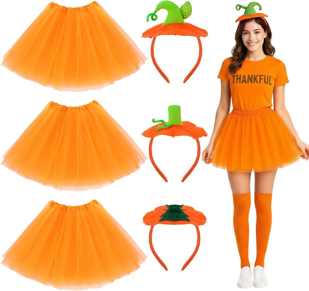 6 Pcs Pumpkin Orange Tutu Costume Set for Women 3 Tutu Skirt 3 Pumpkin Headband Orange Accessories Cosplay Outfit for Thanksgiving Halloween