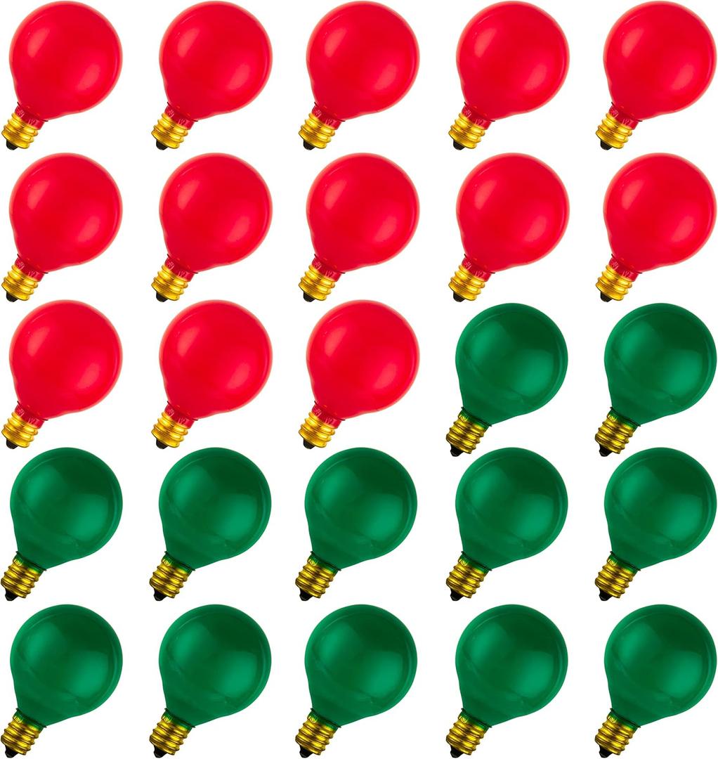 25 Pack G40 Red Light Bulb Green Light Bulb Ceramic Incandescent 5 Watt E12 Base G40 Light Bulbs Replacement for String Lights Colored Bulb Candelabra Based Red Bulb Green Bulb Christmas Bulb