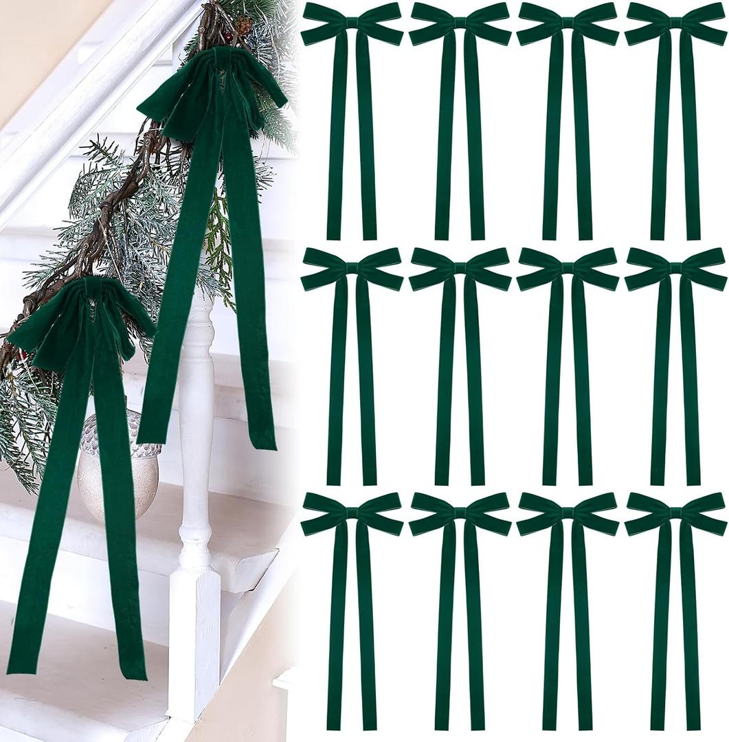 12 Pcs Green Velvet Christmas Bow 10 x 24inch Extra Large Christmas Bow with Extra Long Tail Neutral Holiday Decor Velvet Ribbon Bows for Xmas Garland Fireplace Stairs Mirror Door