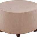 Round Ottoman Slipcover Polyester Blend Footstool Protector Covers Stretch with Elastic Bottom Feature Textured Machine Washable Jacquard Fabric (Beige, Medium Size)