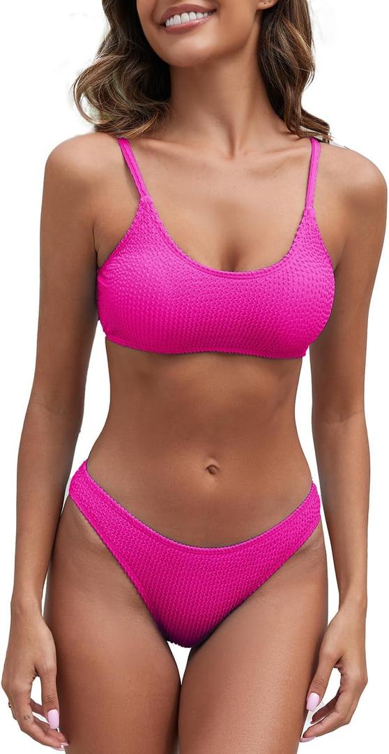 Fanuerg Women's Ribbed Bikini Sets Scoop Neck Cheeky Swimsuit Textured Two Piece Bathing Suit, M