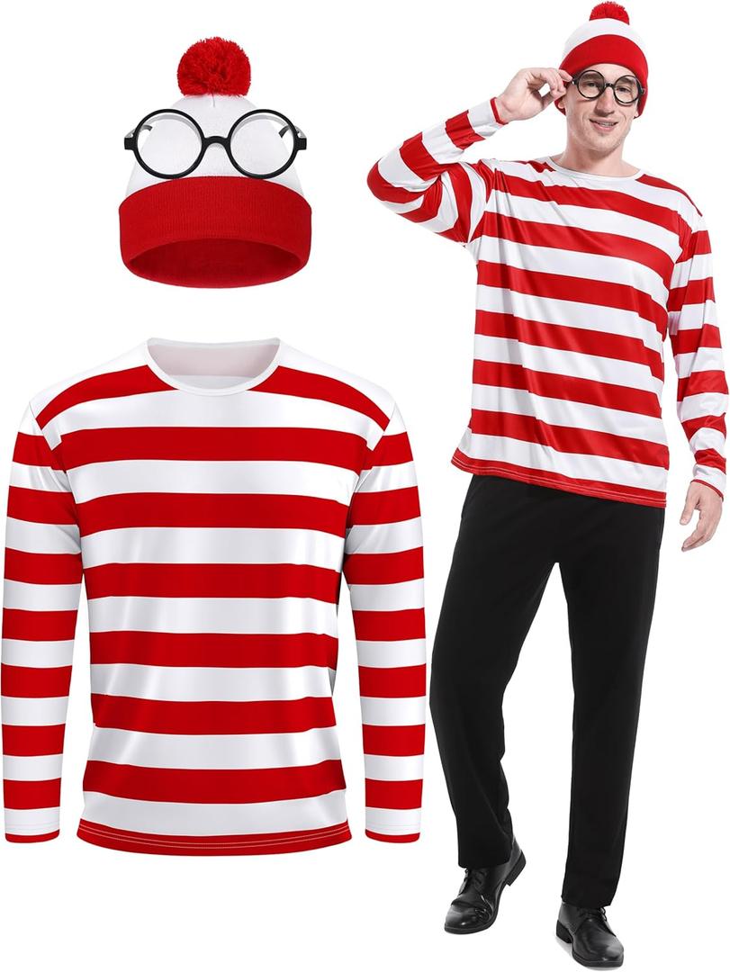 3 Pieces Men Halloween Costume Set, Adult Cosplay Costumes Red and White Striped Shirt with Hat and Nerd Glasses (L)