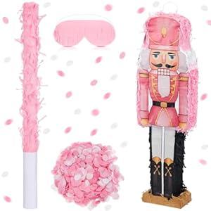 Poen 25.59 Inch Christmas Nutcracker Piñata Set Large Nutcracker Piñata with Blindfold, Bat and Confetti for Christmas Xmas Holiday Party Favors Decorations Candy Holder Accessories Party Game(Pink)