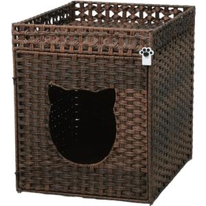 Handwoven Rattan Cat Litter Box Enclosure for Large Litter Boxes, Includes 1 Litter Mat & 2 S-Hook Attachments, Furniture-Grade Hidden House for Living Room, Bedroom, 24.6"x24"x19.88" Brown