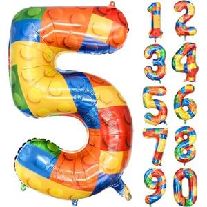 Pack Of 7 32 Inch Building Block Number 5 Balloons Foil Big Number Balloons for Birthday Party Baby Shower, Brick Themed | Colorful Block Balloons Party Supplies Decor for Kids 1,4,9,2,5 Mix