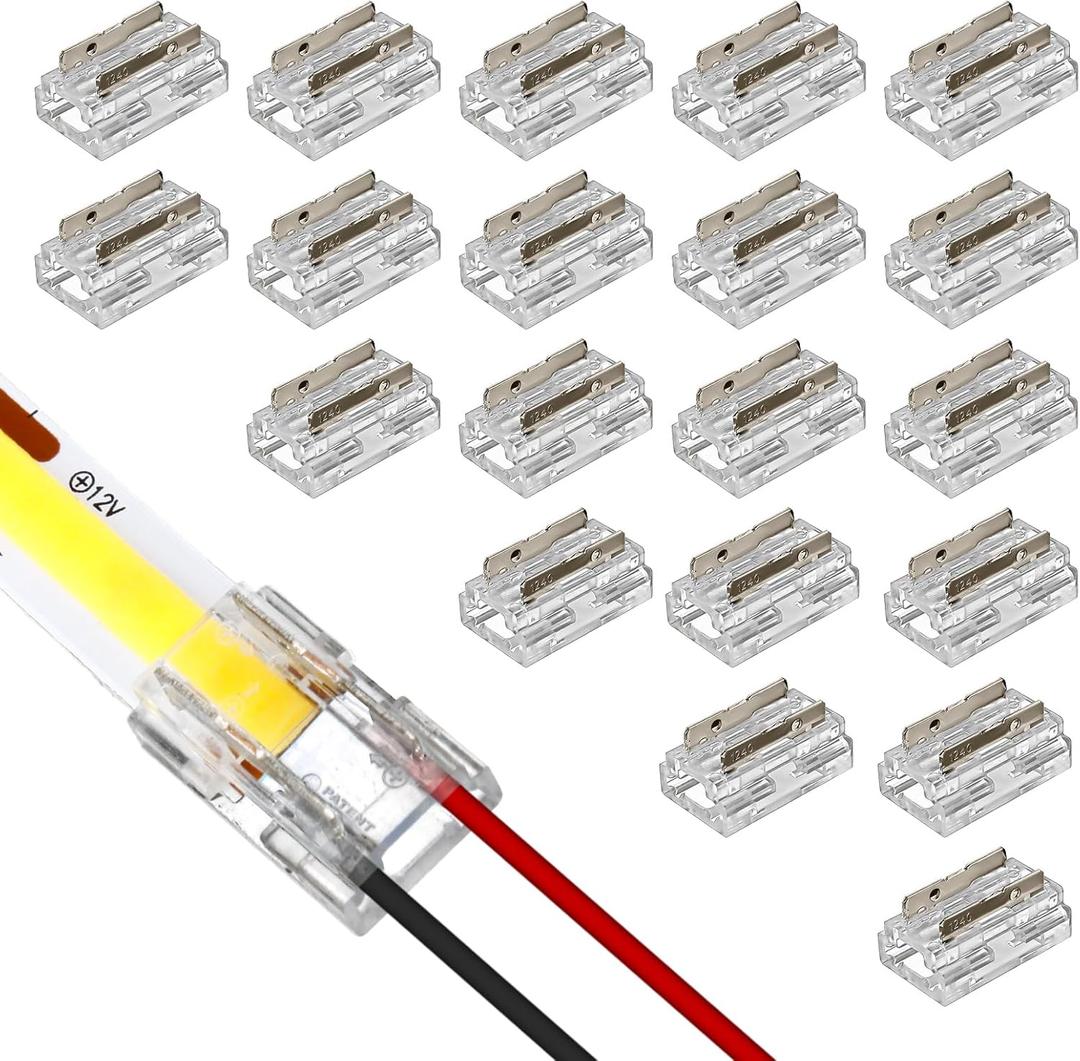 20 Pack LED Strip Connectors 8-in-1 for 10mm 2-Pin COB and SMD 2835/3528 Strip Lights 20-22 AWG, Strip to Strip Strip to Wire Corner Straight, Solderless Gapless Transparent No Dark Area