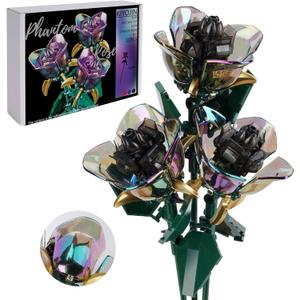 Rose Flower Bouquet Building Set,Botanical Collection Rainbow Artificial Plant Compatible with Lego Gift for Adult Home Decor(Black 120pcs)