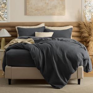 Bedsure 100% Cotton Duvet Cover Queen Size with Fitted Sheet - 4 Pieces Charcoal Waffle Weave Bedding Set, GentleSoft and Breathable, Includes 1 Duvet Cover 90x90, 1 Fitted Sheet, 2 Pillow Shams