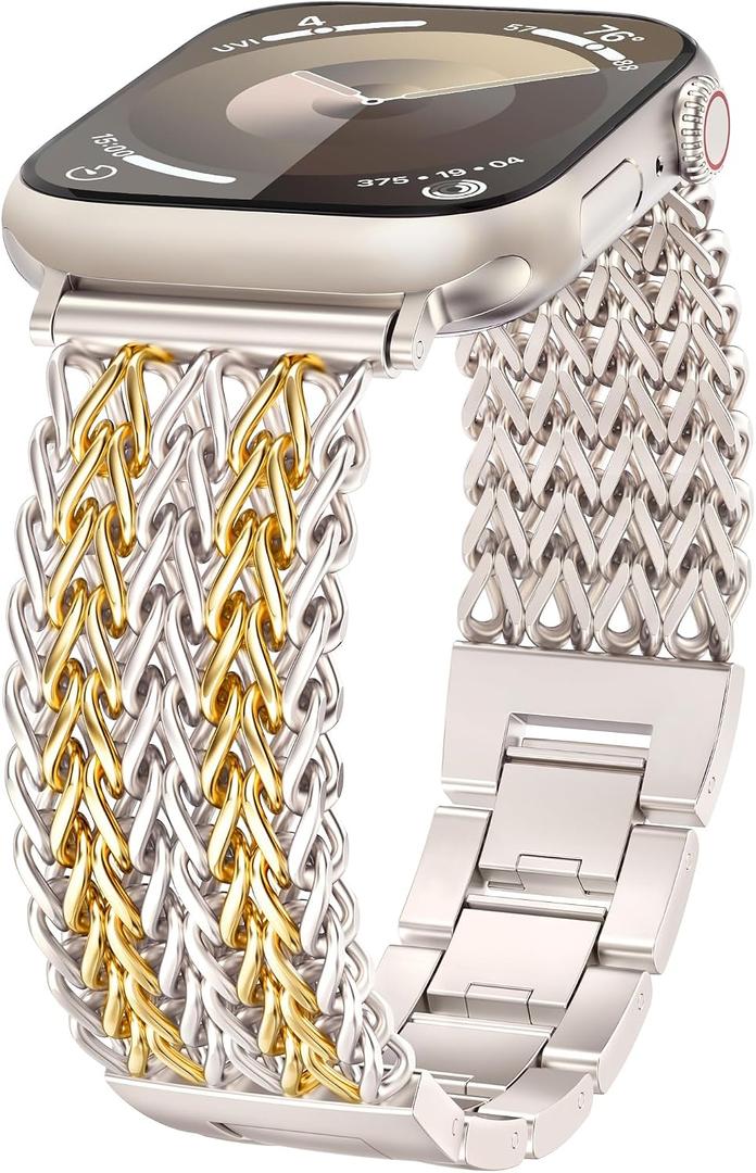 Minyee Compatible with Apple Watch Band Size: 38/40/41/42mm(Series 11/10) Women, Dressy Stainless Steel Metal Adjustable Chain Strap Link Bracelet Wristband for iWatch Series 11 10 9 8 7 6 5 4 3 2 1 Ultra SE