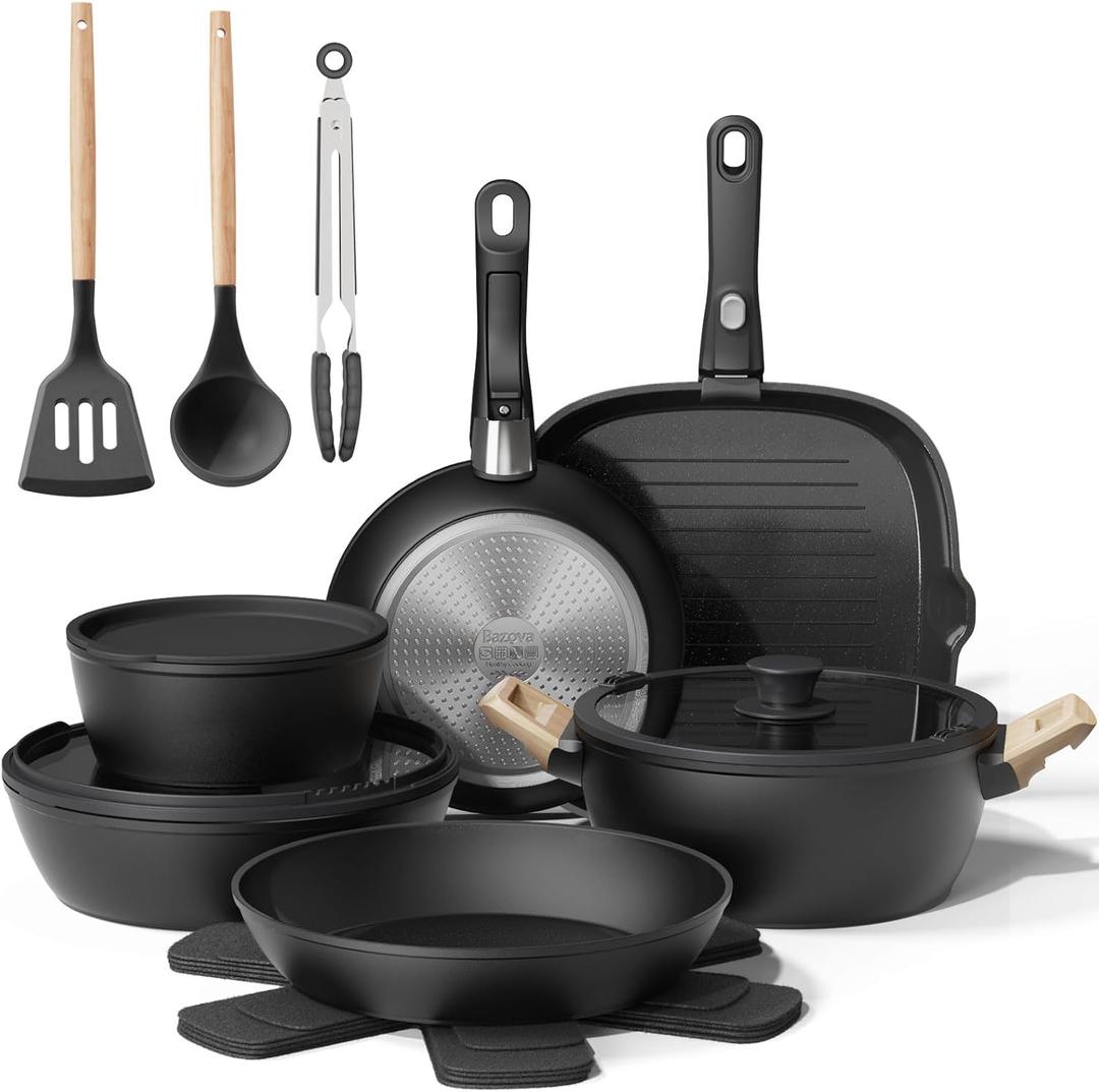 19 Pcs Pots and Pans Set Non Stick Ceramic Cookware Set with Removable Handles, Non Toxic Induction Kitchen Cookware Sets RV Cookware,Dishwasher/Oven Safe PFAS/PTFE/PFOA Free,Black