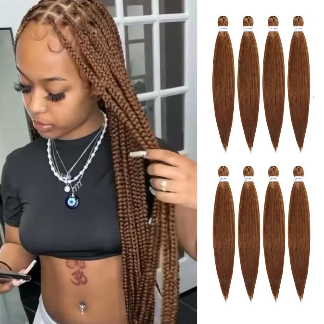 Pre-stretched Braiding Hair - 24 Inch 8 Packs Brown Braiding Hair For Twist or Box Braids, Long Yaki Texture Hot Water Setting Synthetic Braiding Hair Extensions (24 Inch, #30-8P)