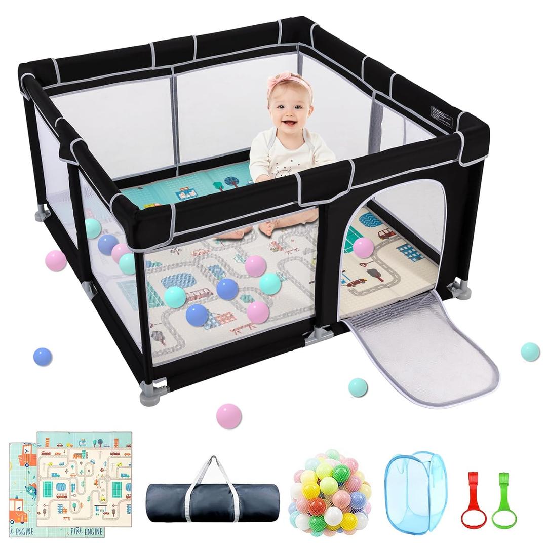 Baby Playpen with Mat, 79”×71” Playpen, Durable and Secure Baby Play Pen, Indoor & Outdoor Kids Activity Play Center. Equipped with Anti-Slip Suckers and a Zipper Gate, Anti-Fall（BLack）