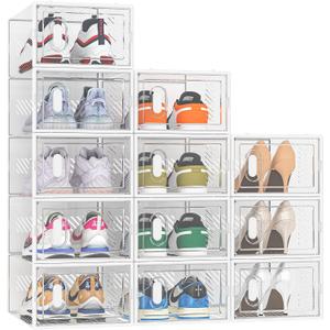 SIMPDIY Shoe Storage, 12 Pack Shoe Organizer for Closet, Shoe Boxes Clear Plastic Stackable Shoe Containers with Lids for Size 10