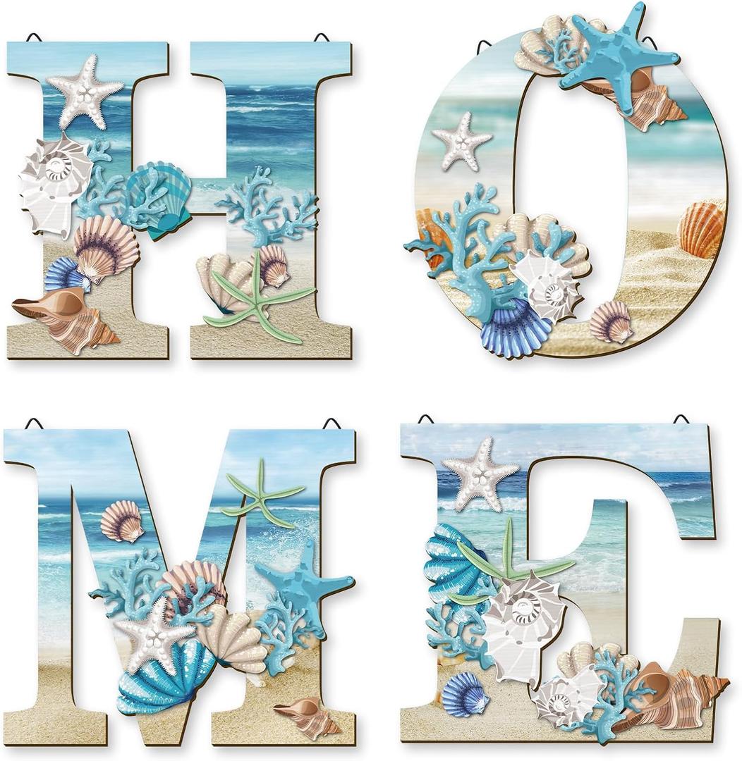 4 Pcs Wood Home Signs - Coastal Beach Style Signs With Blue Starfish and Shell Wall Decor for Home, Living Room, Kitchen, Bedroom