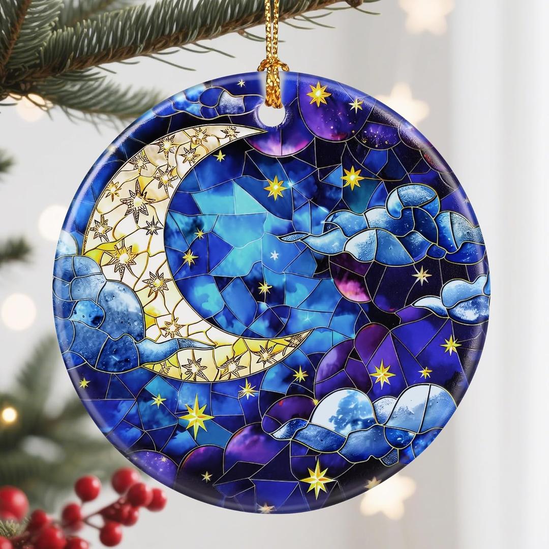 7 x Christmas Ornament, Christmas Decoration, Ceramic-Style Night Sky Ornament, Heirloom Keepsakes, Holiday Ornaments, Holiday Presents, Unique Xmas Gifts, Gift Exchange Ornaments, Gift Idea (Moon and Star)