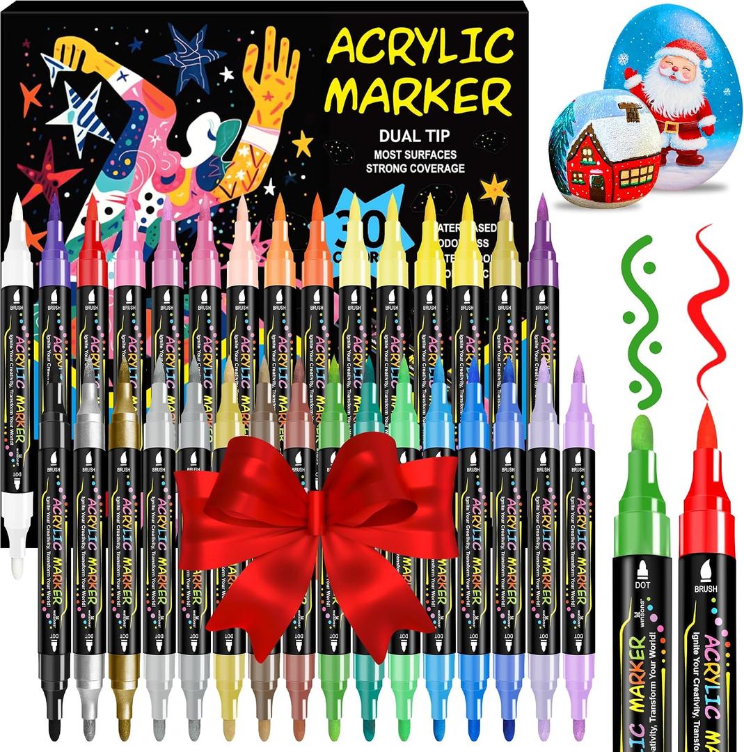 3 x WINSONS 30 Colors Dual Tip Acrylic Paint Markers Pens- Premium Acrylic Paint Markers, Brush & Round Tips, Quick-Drying - for Rock, Canvas, Ceramic, Wood (30 Colors)