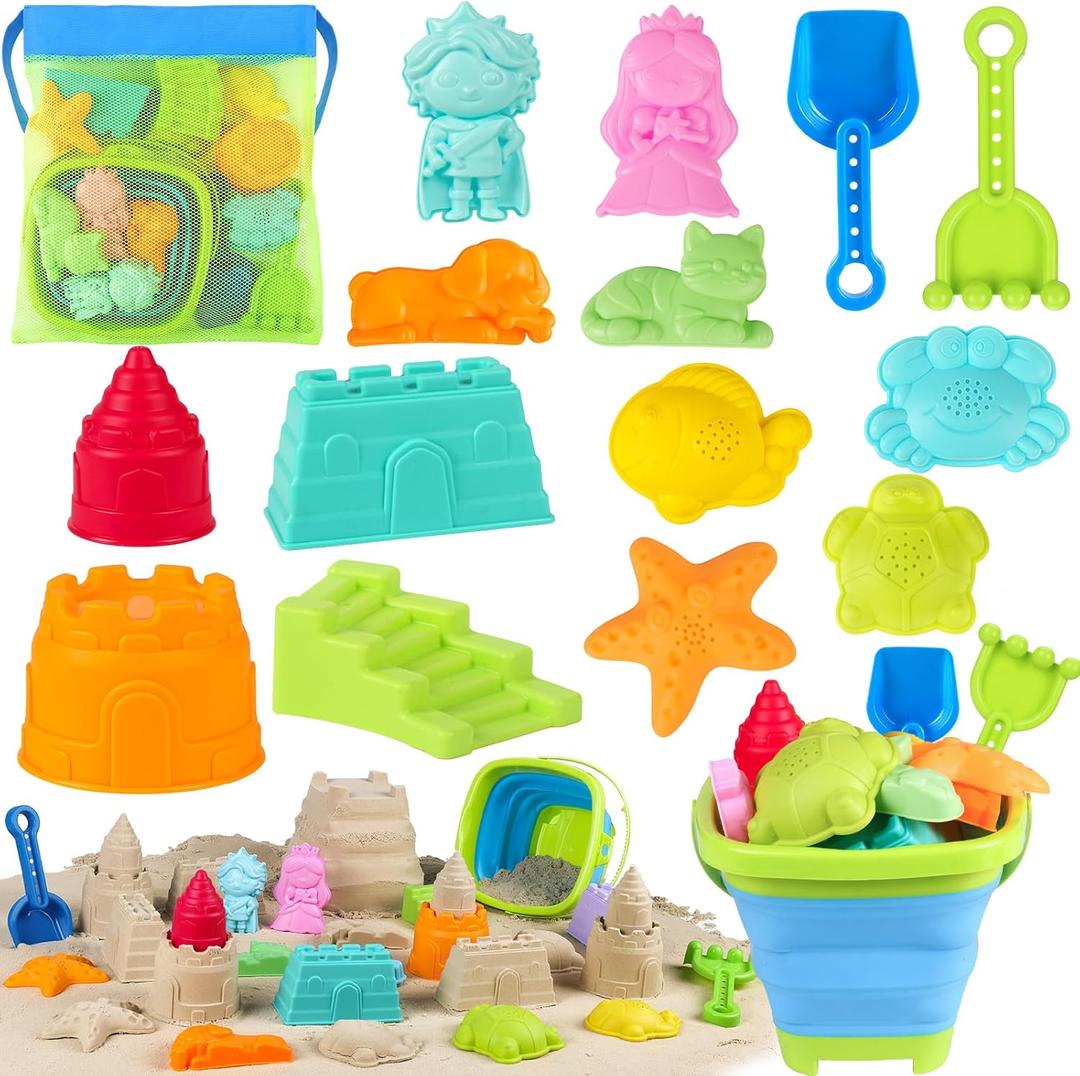 Collapsible Beach Toys for Kids Toddlers, Foldable Sand Bucket and Shovels Set with Mesh Bag & Sand Castle Building Kit, Travel Sand Toys for Beach Essentials, Sandbox Toys for Baby Kids Age 3-10