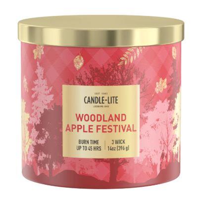 Candle-lite 14 oz jar candle features a Woodland Apple Festival scent.