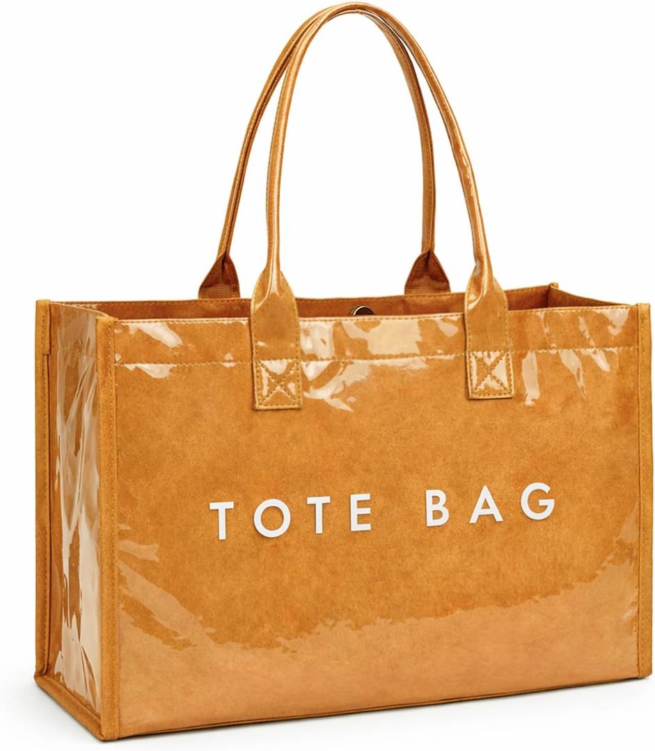 PVC Tote Bag for Women Large Work Plastic Tote Purse Letter Print Shoulder Bag Hobo Handbag with Top Handle