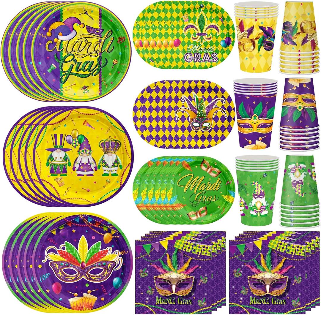 Mardi Gras Party Supplies 120pcs Disposable Mardi Gras Mask Paper Plates and Napkins for Mardi Gras Masquerade Party Decorations Cups for Mardi Gras Carnival Party Supplies, Serve 30