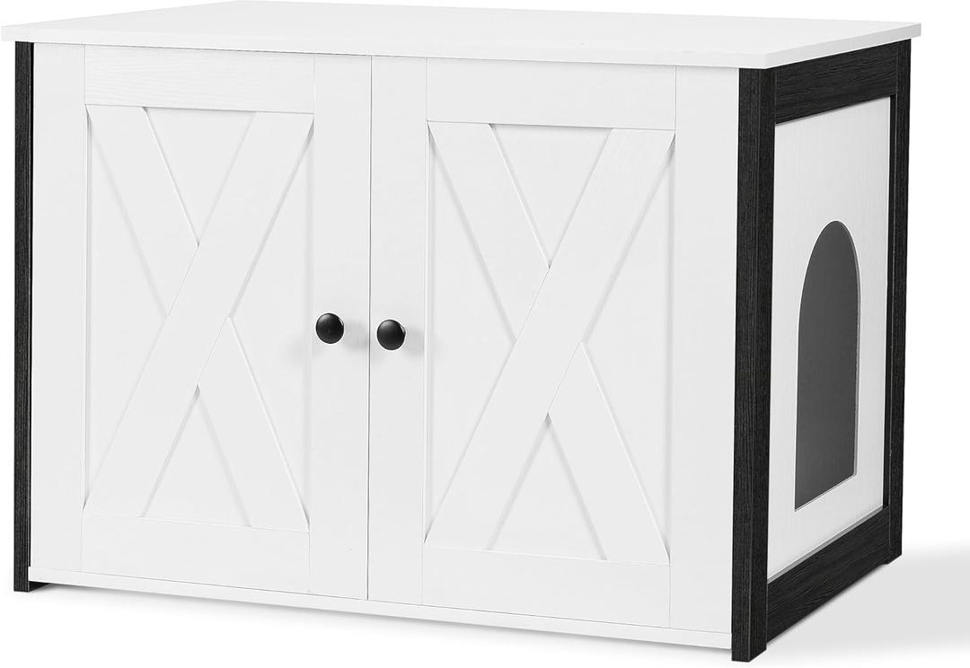 Dwanton Litter Box Enclosure, Cat Litter Box Furniture Hidden, Reversible Entrance Can Be on Left or Right Side, Wooden Cat Washroom Indoor, White
 Missing Parts