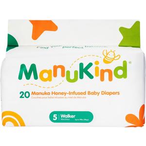 ManuKind Baby Diapers Size 5 (26-40 lbs), Manuka Honey Infused, Hypoallergenic Ultra Soft Disposable Diapers for Sensitive Skin, Fragrance & Chlorine Free, Plant-Based, 20 Count