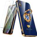 Compatible for iPhone X/XS Case with 2 Pack Screen Protector, 360 Rotatable Ring Holder [Luxury Hearts Pattern] Plating Gold Edge Slim Soft Phone Case for iPhone X/XS - Blue