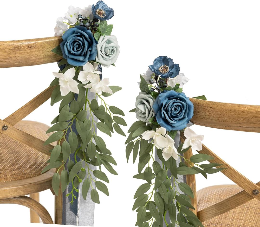 Ling's moment 8 pcs Wedding Artificial Aisle Pew Flowers Chair Decorations Arrangements with Chiffon Ribbons Dusty Blue & Navy for Ceremony Chair Back Floral Decor Reception Church Party Outdoor- Dusty Blue and Navy 