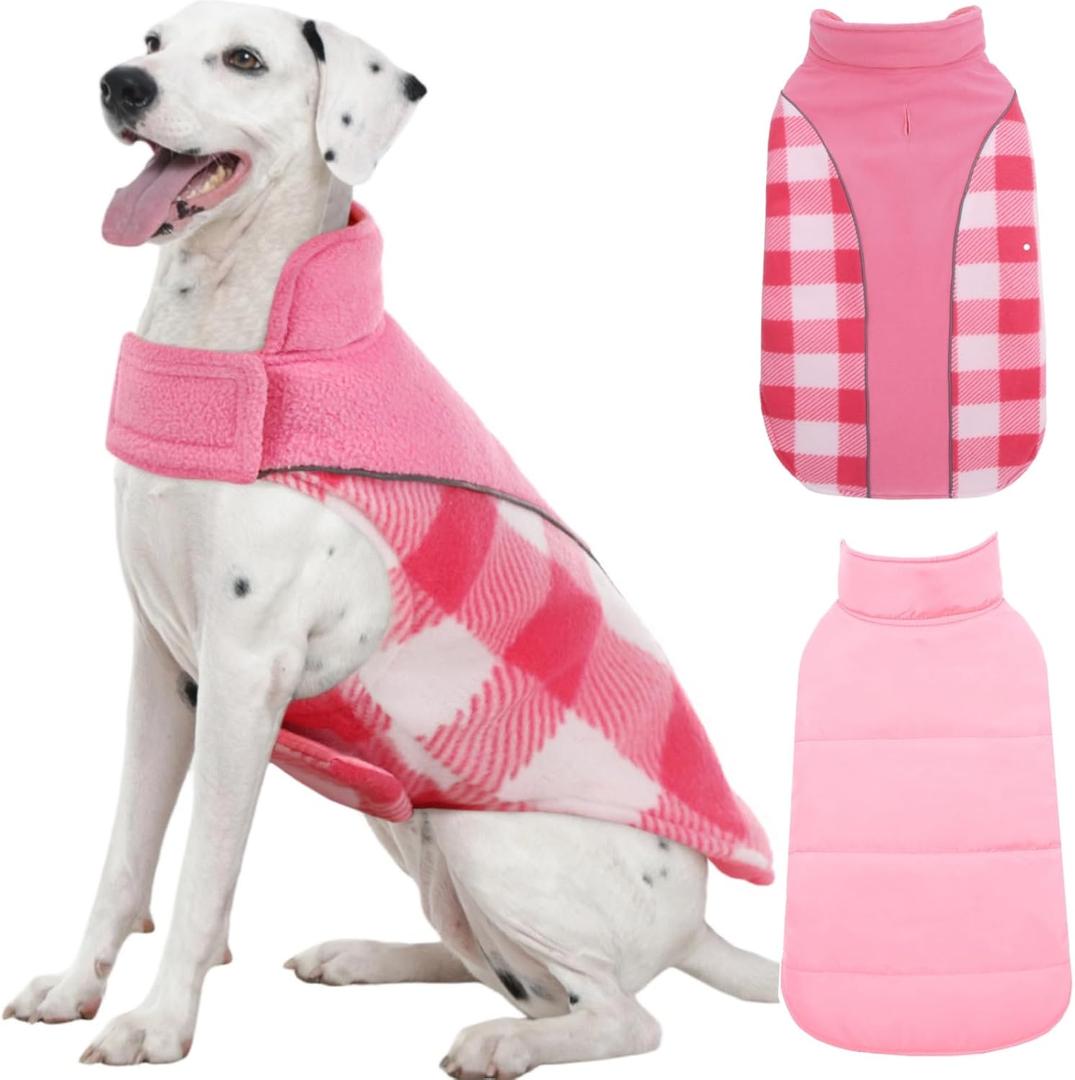 Kuoser Dog Winter Coat, Reversible Waterproof Dog Jacket with Reflective Strip, Warm Dogs Fleece Vest Adjustable Doggy Cold Weather Clothes Plaid Christmas Outfit Pet Apparel for Large Dogs, Pink XL (X-Large (Chest Girth: 24.4-29.9'' ))