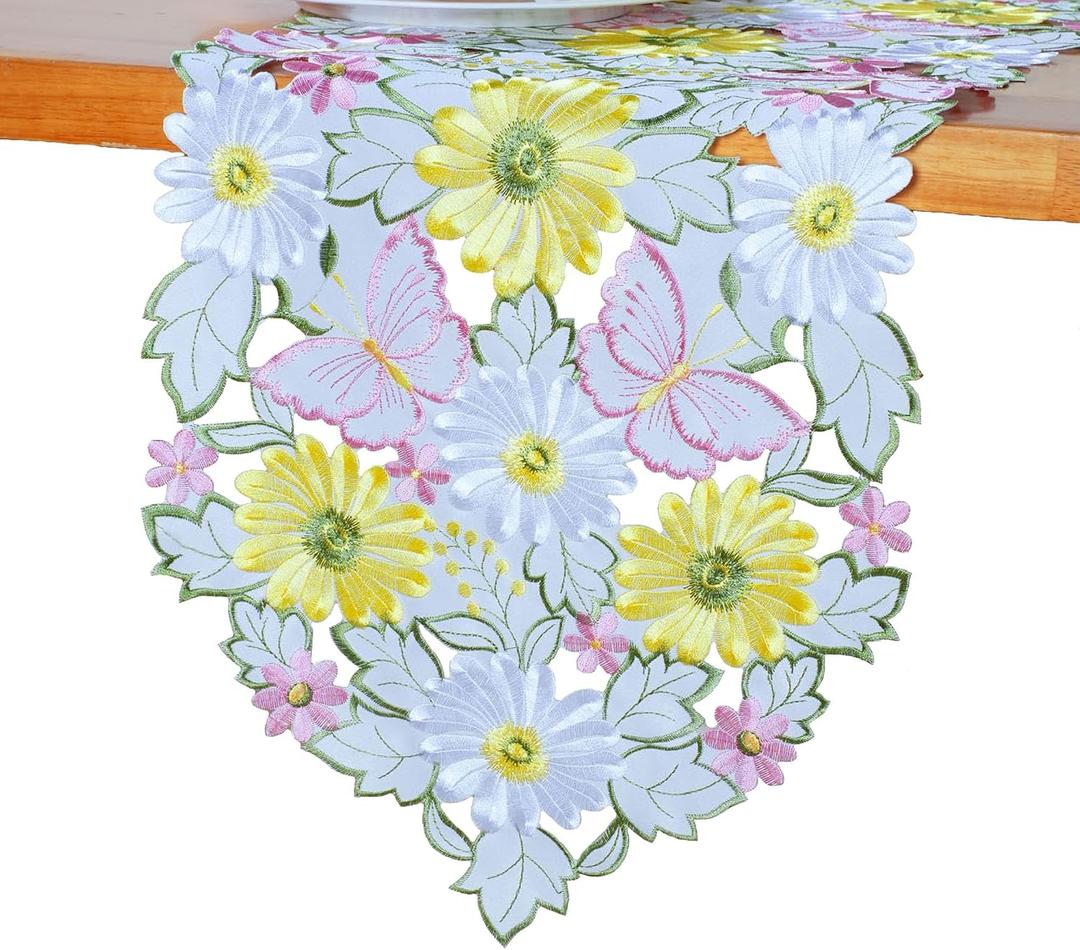 3 x AMARED Spring Table Runners Embroidered Cutwork Daisy Butterfly Runner for Kitchen Decoration 13 X 34 Inch