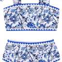 YOUNGER TREE Toddler Girls Two Pieces Swimsuit Color Block Stripe Swimwear Summer Beach Bathing Suit, White Blue Flower, 18-24 Months