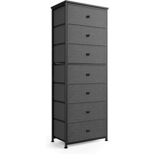 Tall Fabric Dresser for Bedroom, Vertical Storage Organizer Tower with 7 Drawers, Chest of Drawers with Bins, Steel Frame, Wood Top for Bedroom, Closet, Entryway Grey