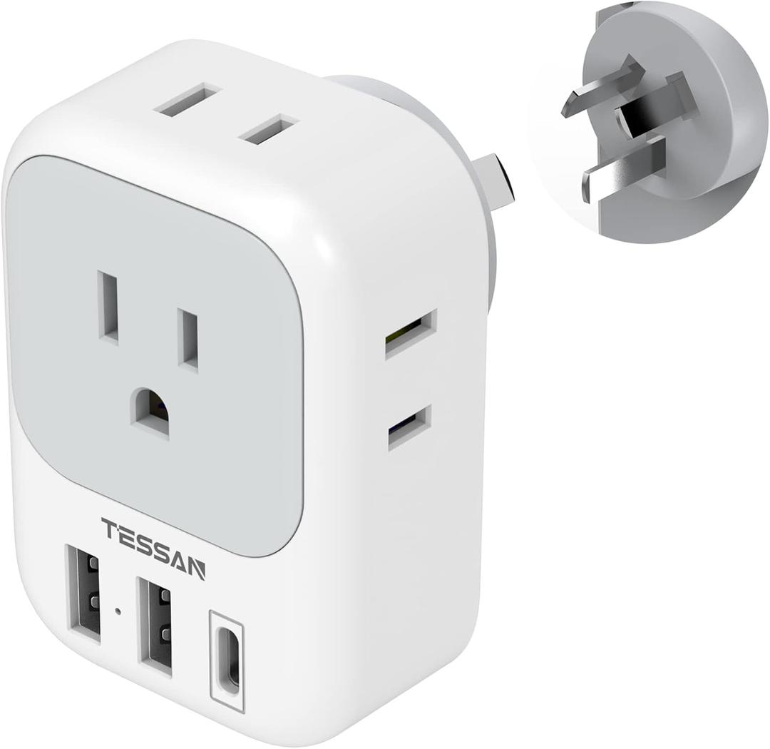 Australia New Zealand Power Adapter, TESSAN Type I Travel Adaptor with 4 American Outlets 3 USB Charger (1 USB C Port), Plug for US to Australian China Argentina Fiji Cook Islands AU