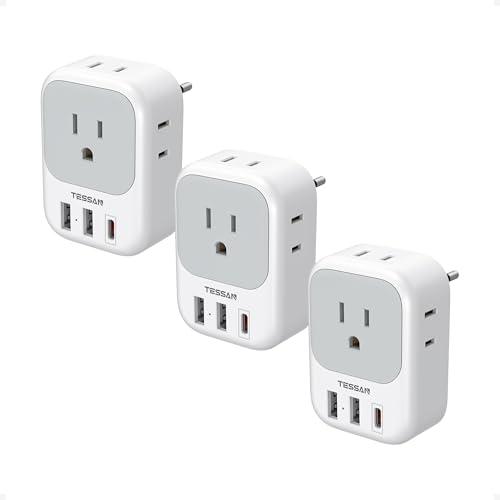 TESSAN European Travel Plug Adapter USB C 1 Pack, US to Europe Plug Adapter with 4 AC Outlets 3 USB Ports, Type C Power Adaptor for USA to EU Euro Spain France Iceland Italy Germany Greece