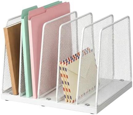LEKETREE Small Desk File Organizer, 5-Section Upright File Sorter, Vertical File Folder Holder, Mesh Metal Wood Office Desktop Organization for Document, Magazine, Books and more (White)