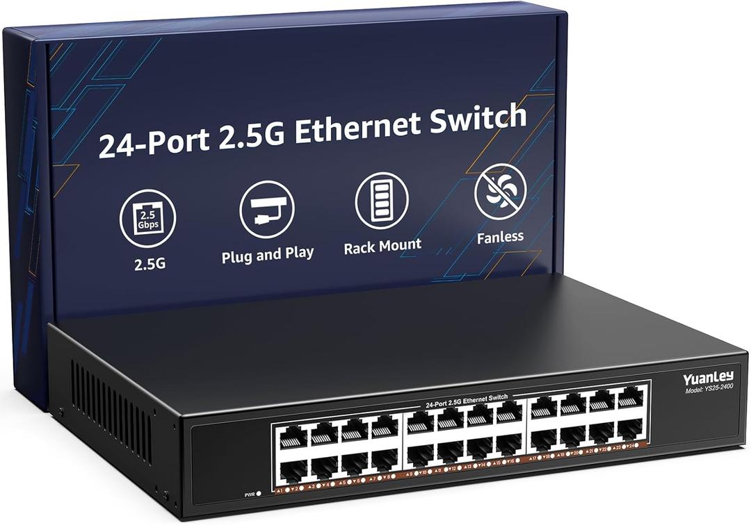 YuanLey 24-Port 2.5G Ethernet Switch, Unmanaged 2.5Gbps Network Switch with 242.5G RJ45 Ports, 120Gbps Switching Capacity, Fanless Metal Design, Desktop/Rackmount 2.5G Switch for NAS, PC & WiFi 6 AP