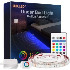 WILLED RGB LED Strip Lights, Under Bed Light Motion Activated Sensor, RF Remote Control with Timer, Color Changing Strip Lighting for Bed, Stairs, Shelf, Desk, Cabinet and Party Decoration (RGB (Red, Green, Blue))