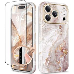 GVIEWIN for iPhone 17 Pro Case Compatible with MagSafe, with Screen Protector [Full Camera Protection] Military-Grade Shockproof Slim Magnetic Marble Phone Case for 17 Pro 6.3", A-Pearlescent/Gold