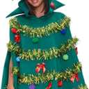 Christmas Tree Cape Costume for Women Bow Ball Decor Hooded Cloak Cape Xmas Tree Dress Costume for Cosplay Party (Green, L)