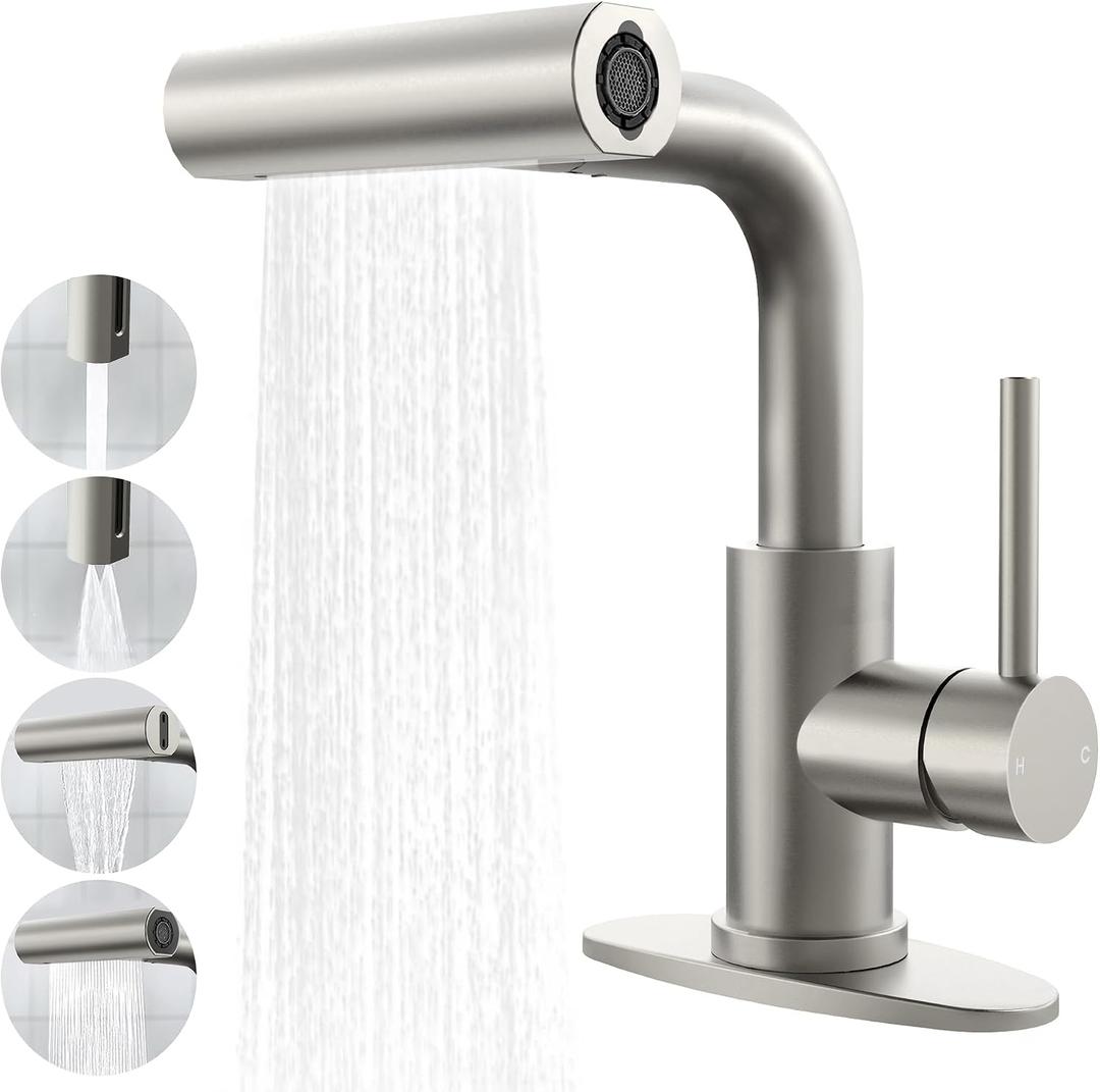 Brushed Nickel Bathroom Faucet with Sprayer - Brushed Nickel Bathroom Faucets for Sink 1 Hole or 3 Holes, 4 Mode Single Handle Vanity Faucet Waterfall Bathroom Faucet with Pull Down Sprayer (No Drain)