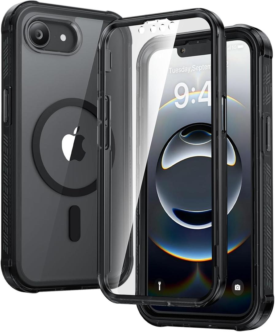 Diaclara Magnetic Designed for iPhone 16e Case, Full Body Rugged Case with Built-in Screen Protector,[Compatible with MagSafe] Soft TPU Bumper Cover for iPhone 16 E 6.1" (Clear Black)